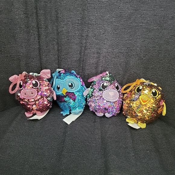 Lot 4 Sequin Shimmeez With Clips Pig Cat Chick & Owl Flip Sequins - Picture 1 of 10
